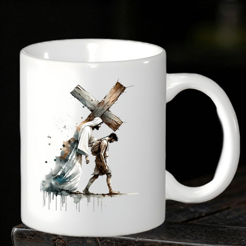 Tailorly White Ceramic 11 oz Mug - Graceful Watercolor Painting Of Spiritual Guidance Carrying A Large Wooden Cross