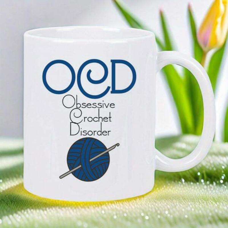 Tailorly White Ceramic 11 oz Mug - Obsessive Crochet Disorder Ocd Blue Yarn Ball With A Silver Crochet Needle Yarn