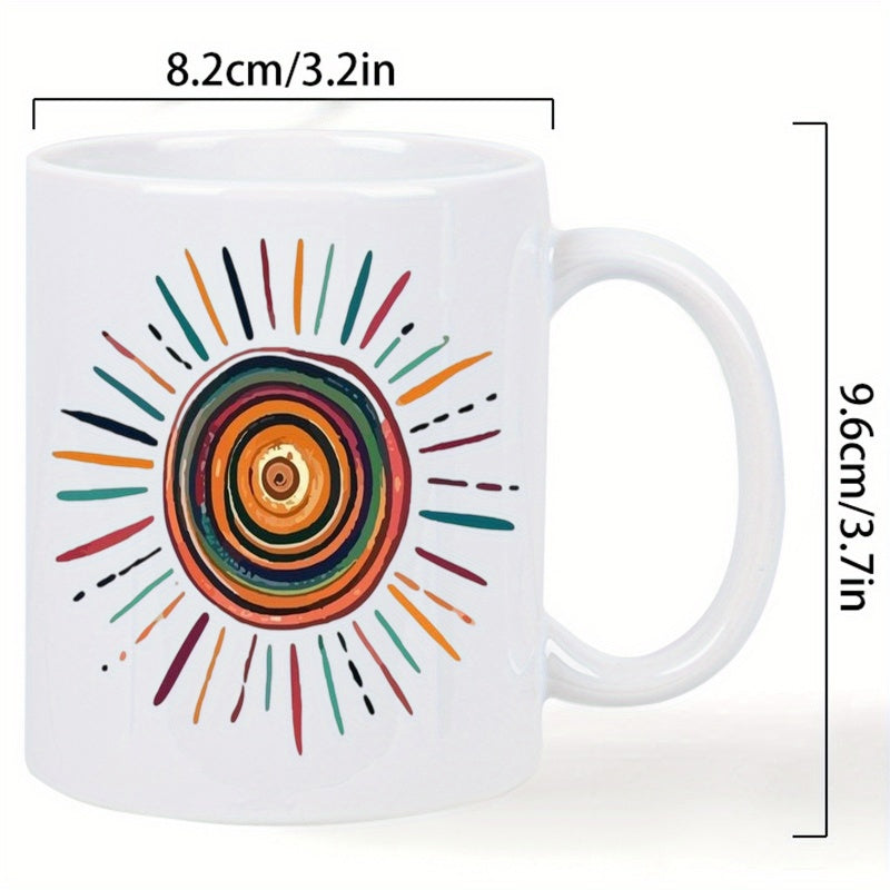 Tailorly White Ceramic 11 oz Mug - Colorful Hand Drawn Radiant Rays Spreading From Abstract Concentric Circles Sun