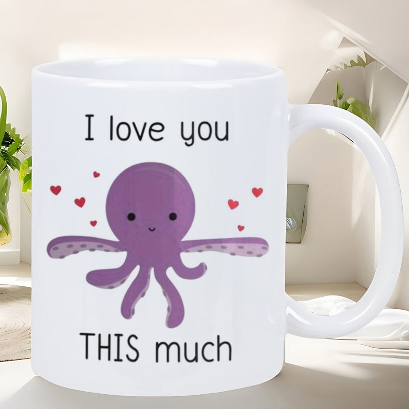 Tailorly White Ceramic 11 oz Mug - I Love You This Much Cute Purple Octopus Spreading Arms With Small Floating Red Hearts Octopus