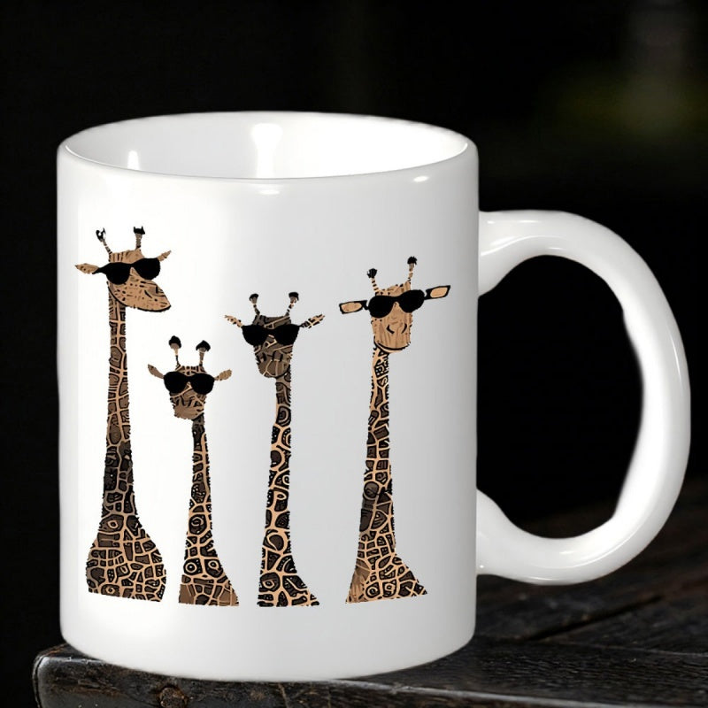 Tailorly White Ceramic 11 oz Mug - Stylized Pattern Of Cool Spotted Long Neck Animals Wearing Black Sunglasses Giraffe