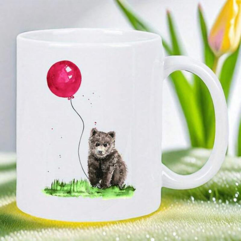 Tailorly White Ceramic 11 oz Mug - Cute Small Watercolor Brown Cub Sitting In Green Grass Holding Red Balloon Bear