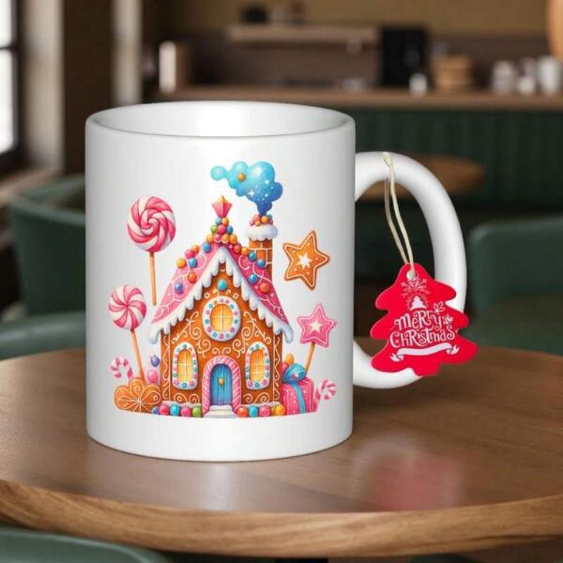 Tailorly White Ceramic 11 oz Mug - Merry Christmas Whimsical Festive Gingerbread Home Adorned With Colorful Sweets And Lollipops House