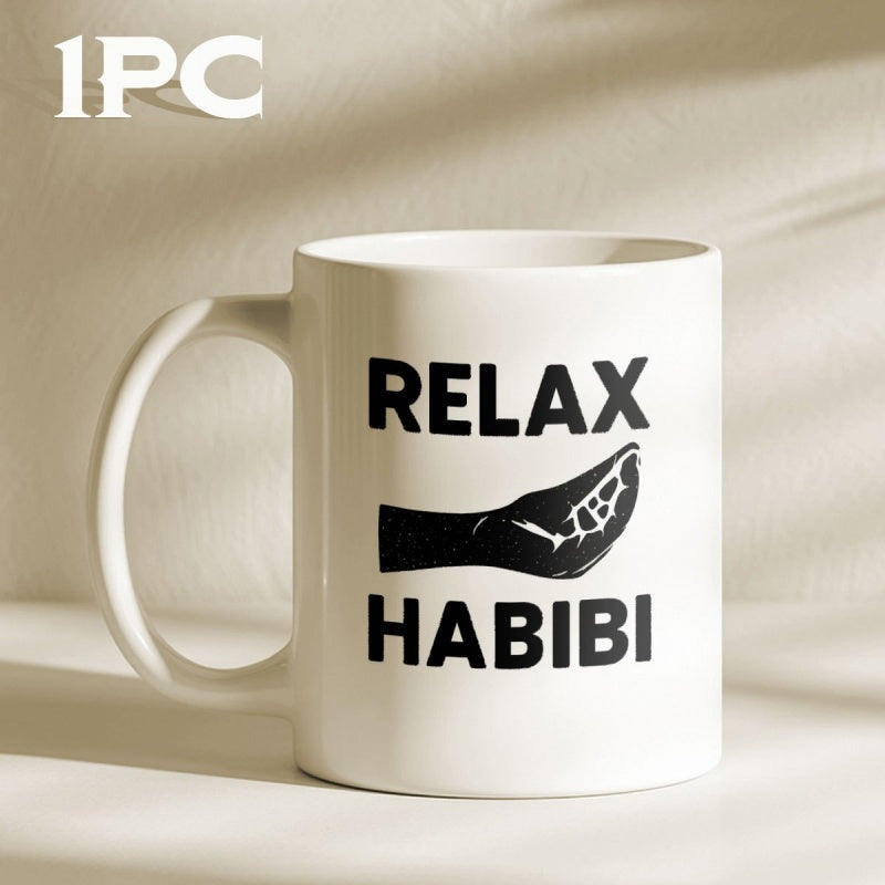 Tailorly White Ceramic 11 oz Mug - Relax Habibi Minimalist Black Silhouette Featuring A Traditional Cultural Hand Gesture Mug