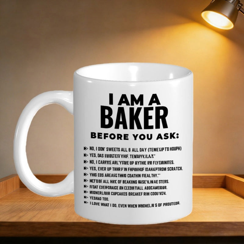 Tailorly White Ceramic 11 oz Mug - I Am A Baker Before You Ask Minimalist Bold Black Typography Centered On A Clean