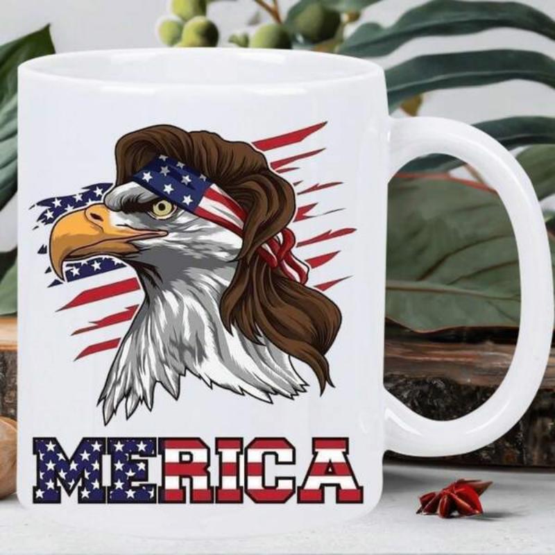 Tailorly White Ceramic 11 oz Mug - Merica Patriotic American Eagle With Long Brown Mullet Hair And Headband Eagle