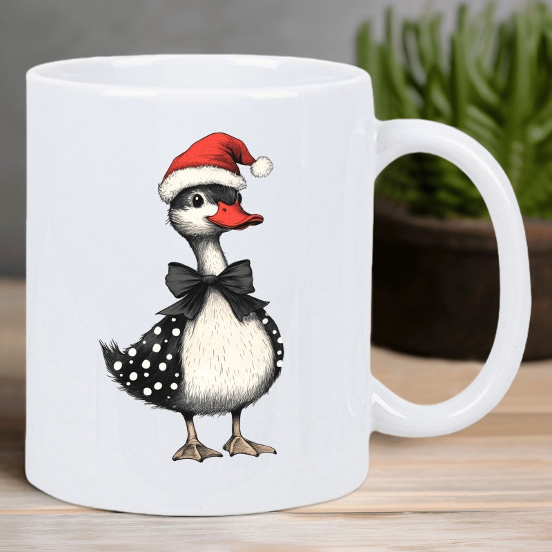 Tailorly White Ceramic 11 oz Mug - Festive Red Santa Hat And Black Bow Tie Polka Dot Duck