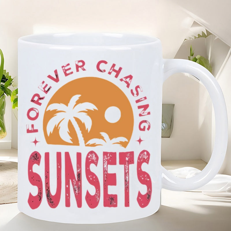Tailorly White Ceramic 11 oz Mug - Forever Chasing Sunsets Tropical Palm Trees Silhouette Under A Warm Golden Glowing Summer Sky Sunset