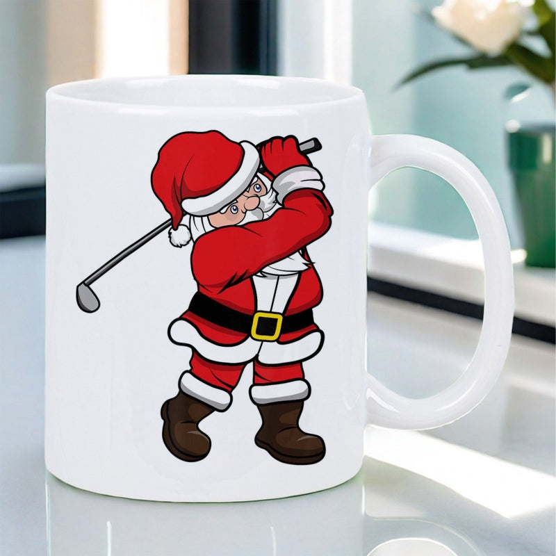 Tailorly White Ceramic 11 oz Mug - Merry Christmas Character Swinging Golf Club In Traditional Red Suit Santa