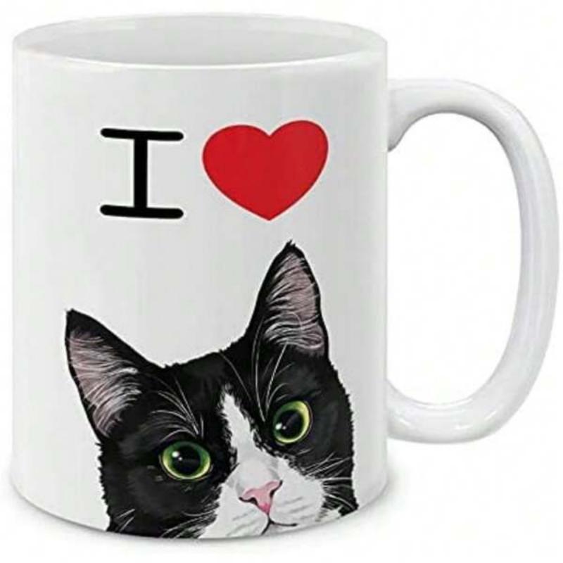 Tailorly White Ceramic 11 oz Mug - I Adorable Peeking Tuxedo Cat With Big Green Eyes And Red Heart Cat