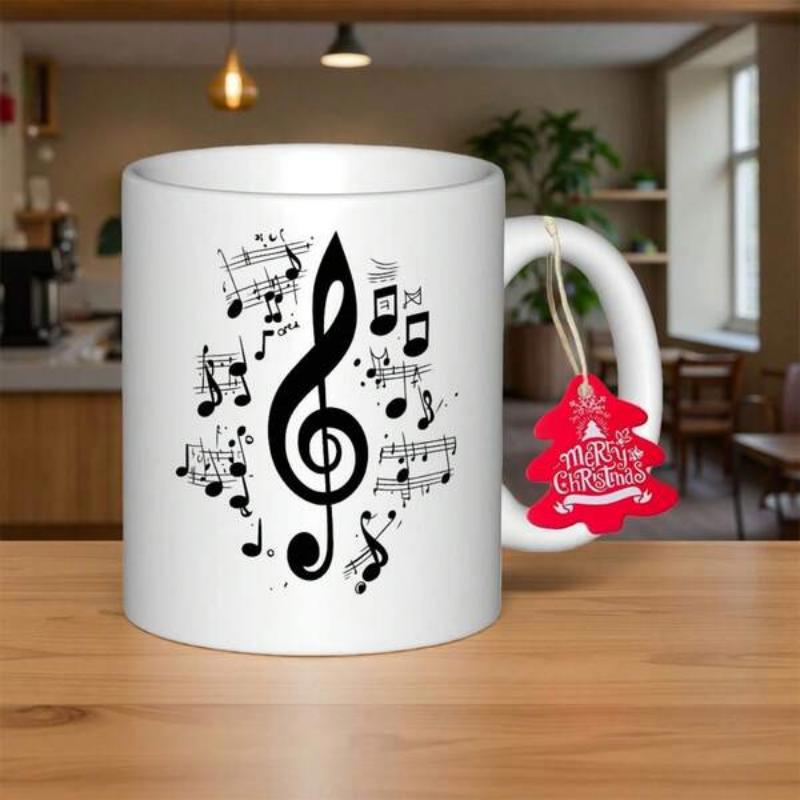 Tailorly White Ceramic 11 oz Mug - Merry Christmas Artistic Black Musical Notes Floating Harmoniously In A Circular Arrangement Clef