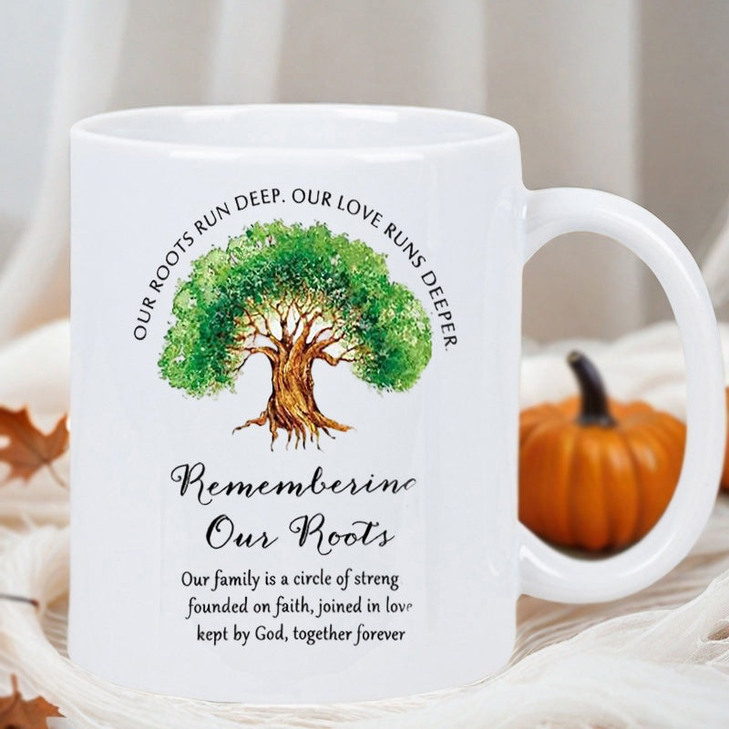 Tailorly White Ceramic 11 oz Mug - Our Roots Run Deep Remembering Our Roots Lush Green Watercolor Tree With Deep Roots Growing On White Surface Tree