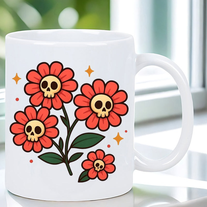 Tailorly White Ceramic 11 oz Mug - Vibrant Red Petals With Spooky Skull Centers And Green Leaves Flower