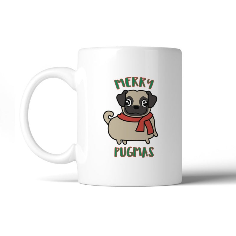 Tailorly White Ceramic 11 oz Mug - Merry Pugmas Cute Cartoon Dog Wearing Red Scarf For Christmas Holiday Pug