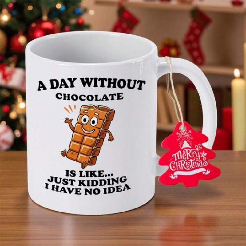 Tailorly White Ceramic 11 oz Mug - A Day Without Chocolate Is Like Just Kidding I Have No Idea Smiling Cartoon Character Representing Sweet Treats Among Playful