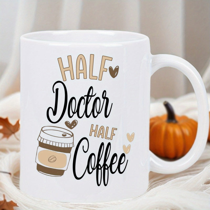 Tailorly White Ceramic 11 oz Mug - Half Doctor Half Coffee Minimalist Takeaway Coffee Cup With Tiny Floating Hearts Mug