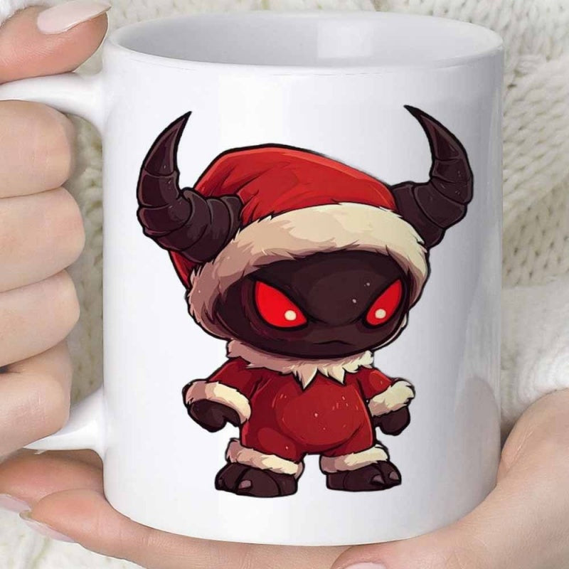 Tailorly White Ceramic 11 oz Mug - Cute Dark Creature Wearing Festive Red Christmas Holiday Outfit With Large Horns Demon