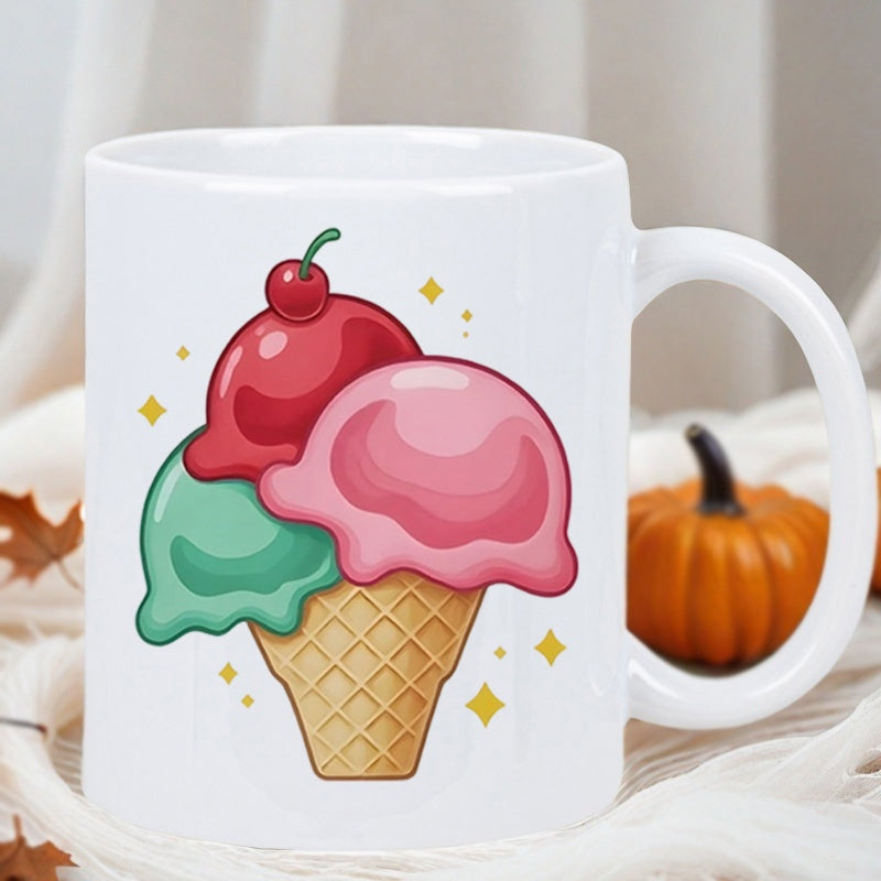 Tailorly White Ceramic 11 oz Mug - Sweet Summer Treats Featuring Three Scoops And A Small Red Cherry Ice Cream