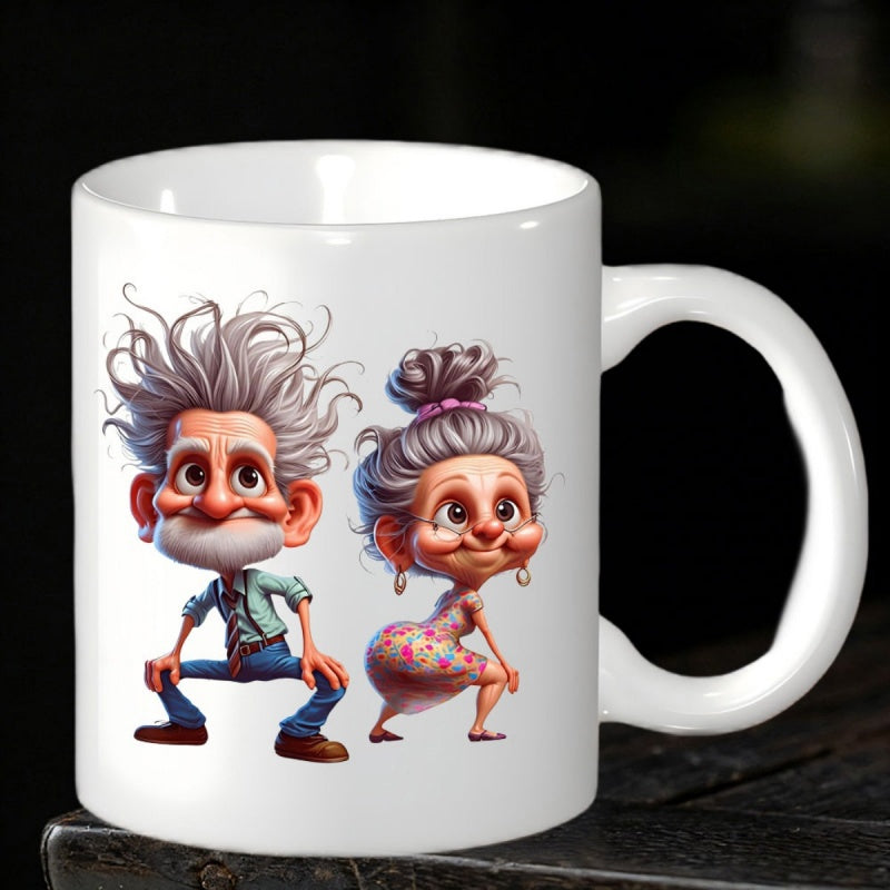Tailorly White Ceramic 11 oz Mug - Playful Elderly Cartoon Characters Dancing Together With Joyful Expressions Couple