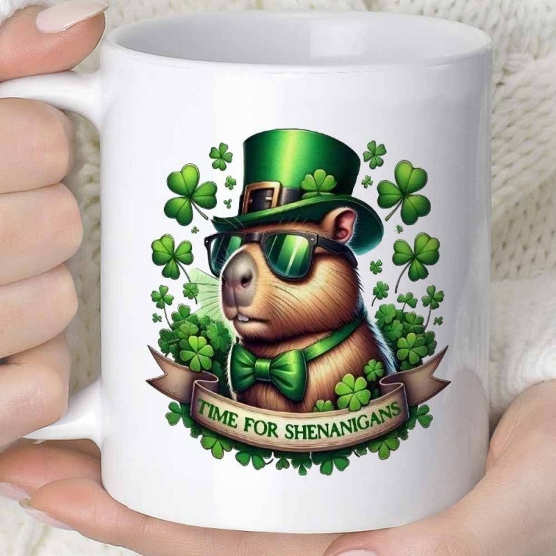 Tailorly White Ceramic 11 oz Mug - Time For Shenanigans Wearing Green Hat And Sunglasses Surrounded By Lucky Clover Leaves Capybara