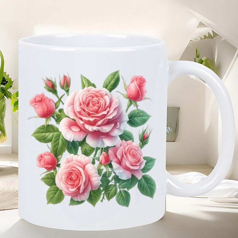 Tailorly White Ceramic 11 oz Mug - Beautiful Pink Blooming Roses With Lush Green Leaves And Delicate Buds Rose