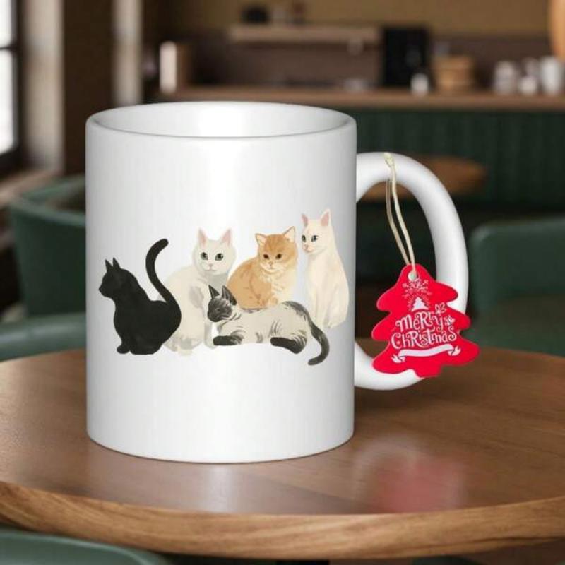 Tailorly White Ceramic 11 oz Mug - Merry Christmas Five Different Breeds Of Fluffy Felines Sitting In Group Cat