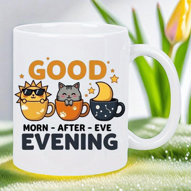 Tailorly White Ceramic 11 oz Mug - Good Morn After Eve Evening Playful Cartoon Sun Cat And Moon Inside Coffee Cups With Golden Stars Mug
