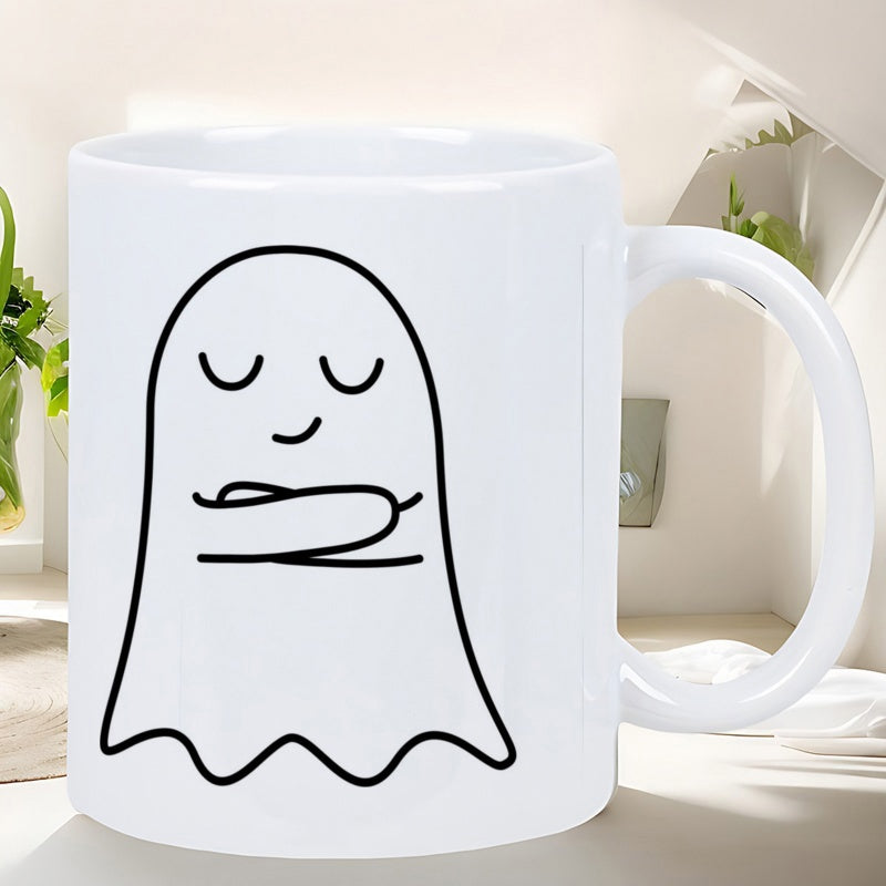 Tailorly White Ceramic 11 oz Mug - Minimalist Black Line Drawing Of A Peaceful Sleeping Friendly Ghost