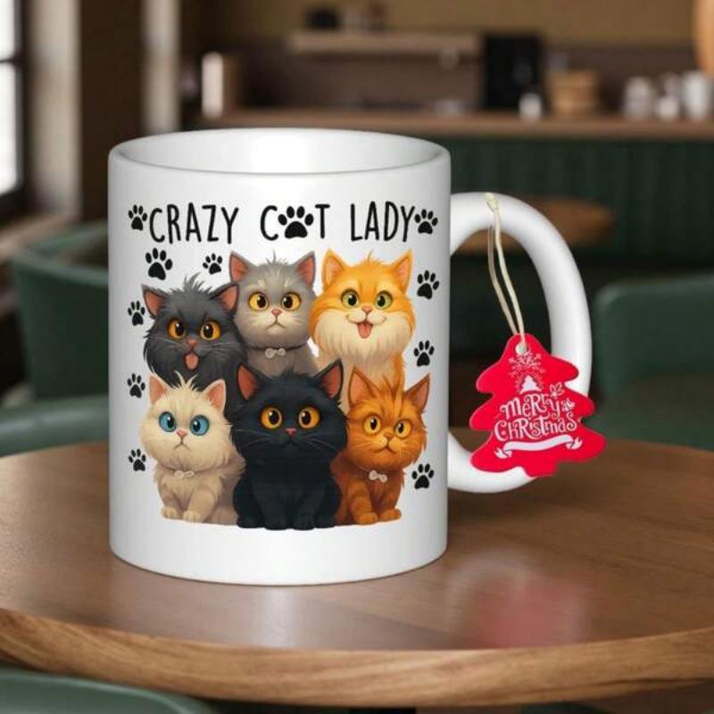 Tailorly White Ceramic 11 oz Mug - Crazy Cat Lady Adorable Cartoon Kittens Huddling Together With Paw Prints On White Ceramic Cat