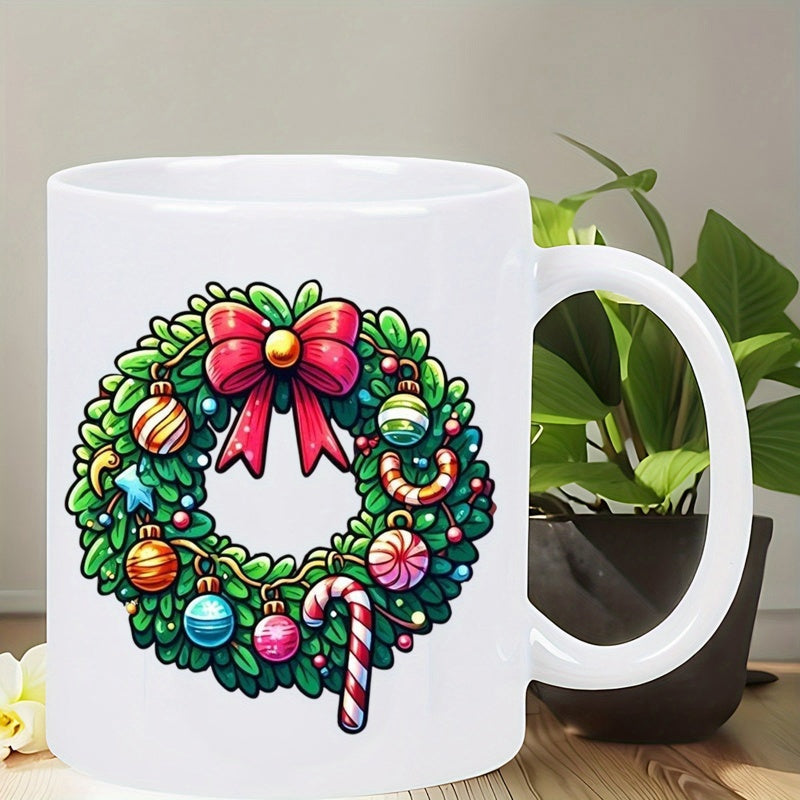 Tailorly White Ceramic 11 oz Mug - Festive Evergreen Leaves Decorated With Colorful Ornaments And A Bright Red Bow Wreath