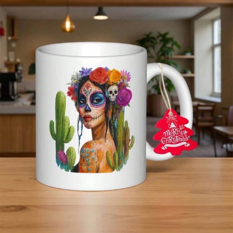 Tailorly White Ceramic 11 oz Mug - Merry Christmas Vibrant Floral Crown And Desert Cacti Accenting A Traditional Mexican Catrina