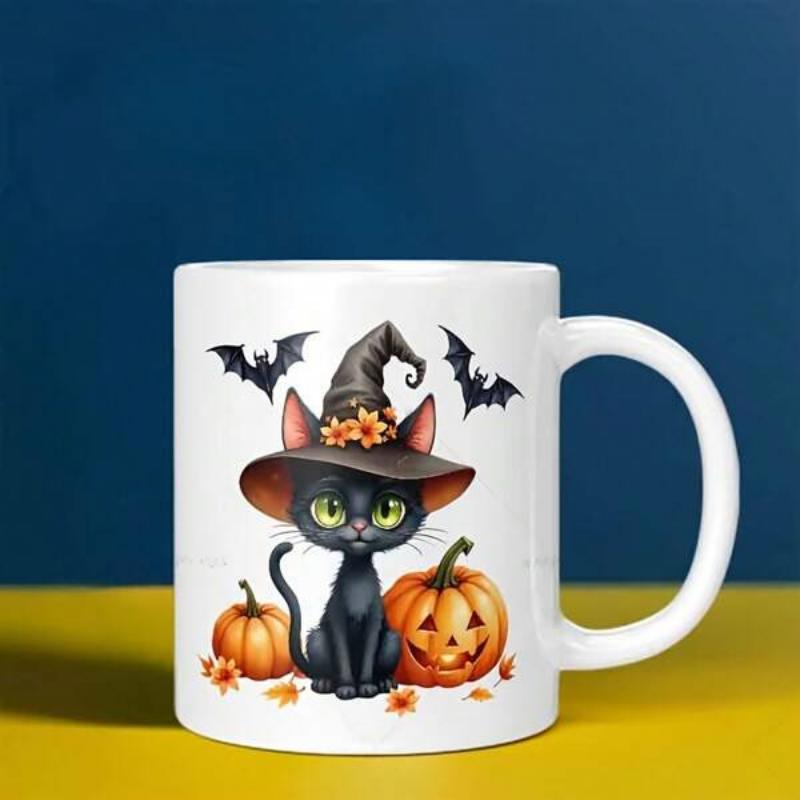 Tailorly White Ceramic 11 oz Mug - Spooky Halloween Black Kitten Wearing Pointed Witch Hat Among Carved Orange Pumpkins Cat