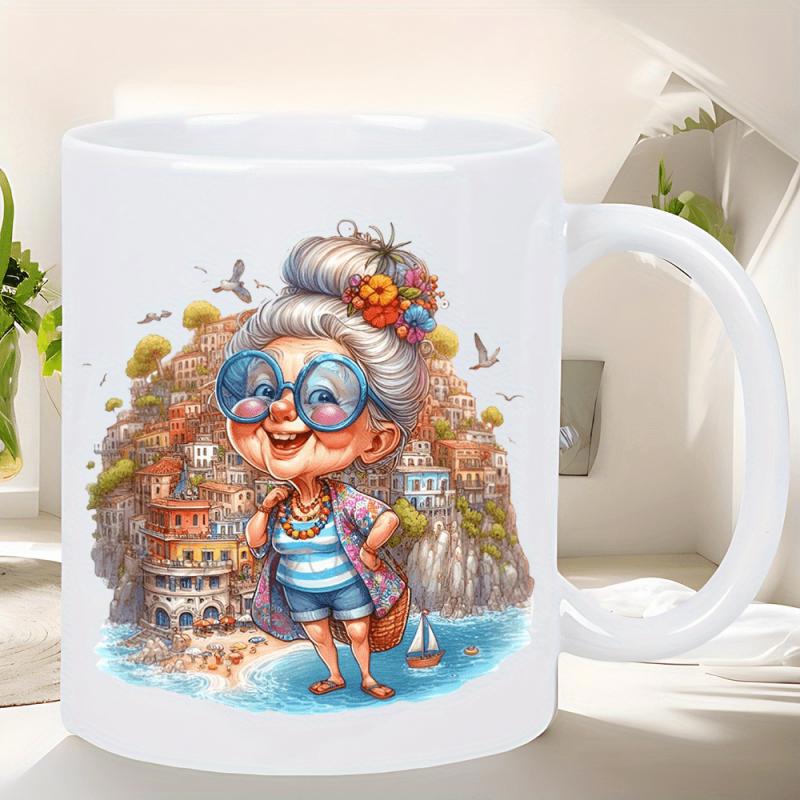Tailorly White Ceramic 11 oz Mug - Cheerful Cartoon Elderly Lady Standing Near Sunny Colorful Coastal Hillside Village Grandmother