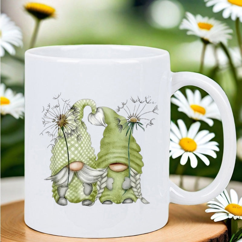Tailorly White Ceramic 11 oz Mug - Delicate Garden Gnomes Holding Dandelion Seeds Wearing Green Patterned Hats Gnomes
