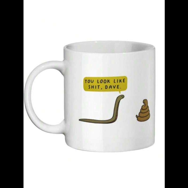 Tailorly White Ceramic 11 oz Mug - You Look Like Shit Dave Humorous Minimalist Cartoon Talking To Coiled Brown Poop Worm