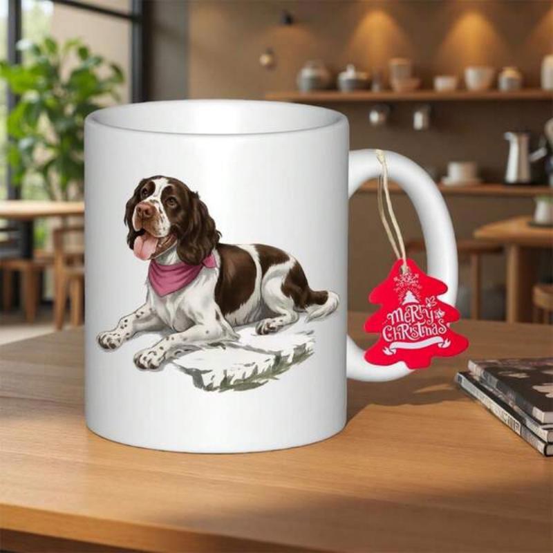 Tailorly White Ceramic 11 oz Mug - Merry Christmas Brown And White Loyal Spaniel Sitting Gracefully With A Soft Pink Bandana Dog
