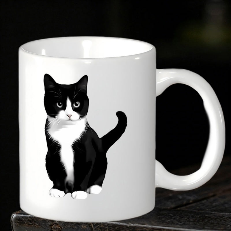 Tailorly White Ceramic 11 oz Mug - Adorable Sitting Tuxedo With Realistic Black White Fur And Alert Expression Cat
