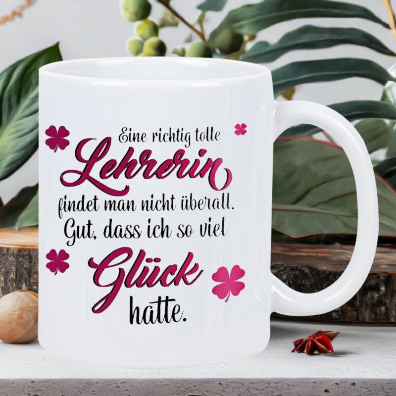 Tailorly White Ceramic 11 oz Mug - Vibrant Pink Four Leaf Clovers Surrounding Elegant Stylized Script Message Mug
