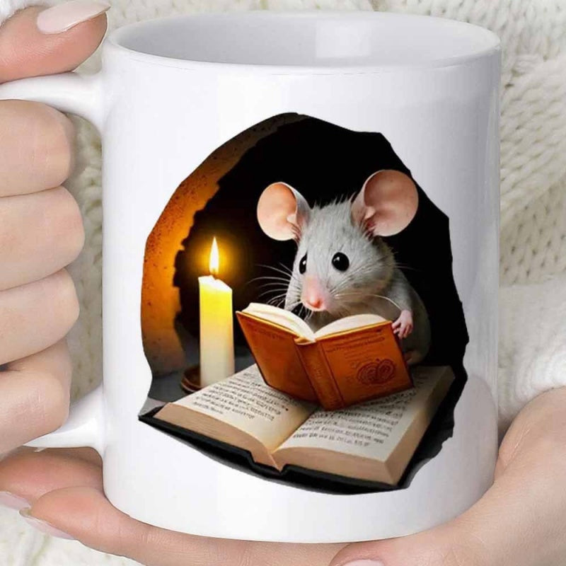 Tailorly White Ceramic 11 oz Mug - Adorable Little Mouse Reading Tiny Book Beside Glowing Candle In Burrow Mouse