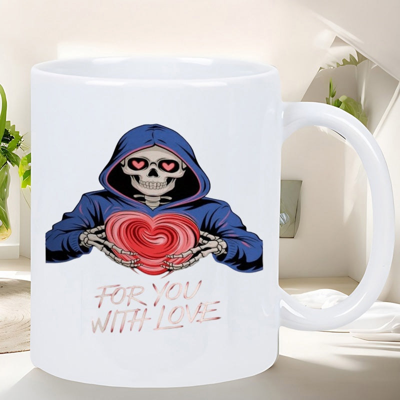 Tailorly White Ceramic 11 oz Mug - For You With Love Grim Reaper Wearing Blue Hoodie Holding Large Red Swirling Heart Skeleton