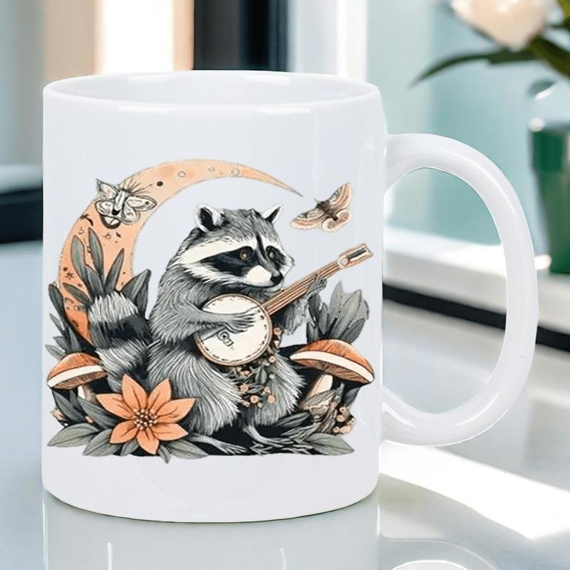 Tailorly White Ceramic 11 oz Mug - Whimsical Banjo Player Under Crescent Moon In The Enchanted Forest Raccoon
