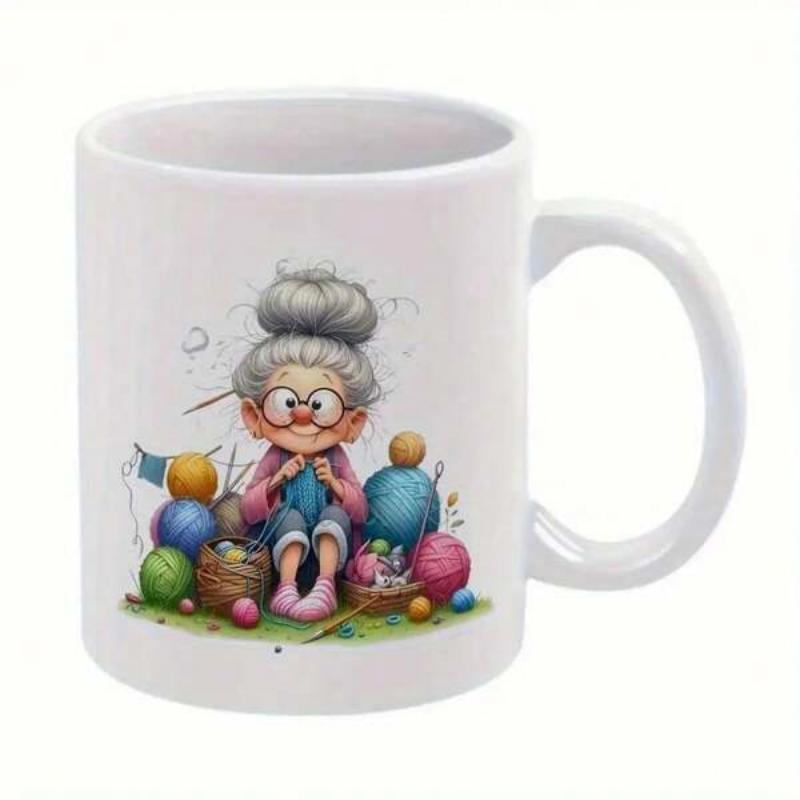 Tailorly White Ceramic 11 oz Mug - Tiny Elderly Lady Knitting With Colorful Yarn Balls In A Cozy Atmosphere Grandmother