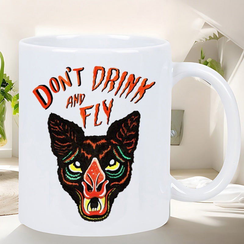 Tailorly White Ceramic 11 oz Mug - Don't Drink And Fly Stylized Illustration Of A Spooky Creature With Sharp Fangs And Large Bat