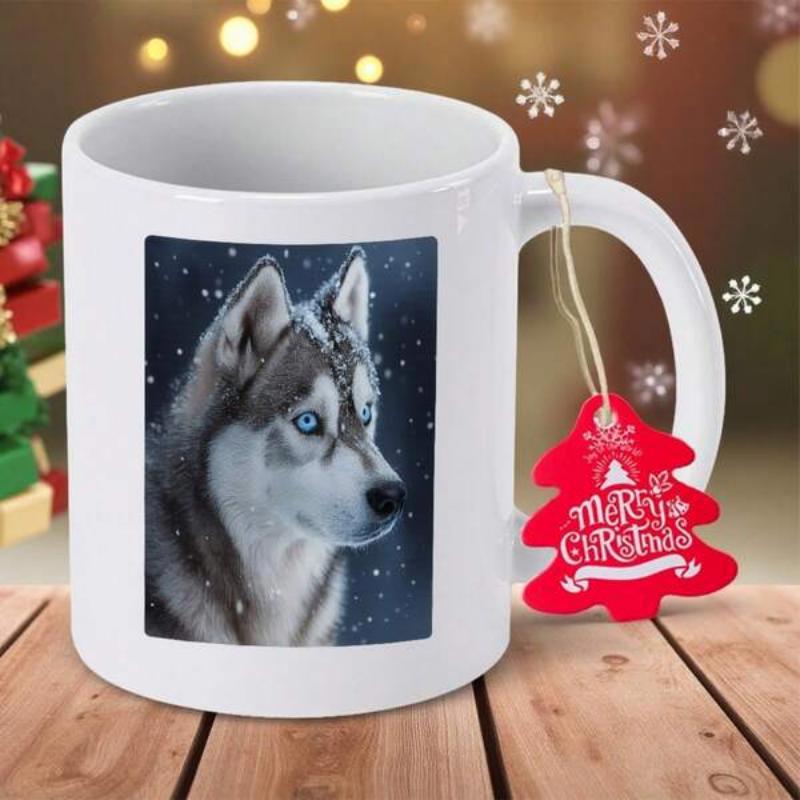 Tailorly White Ceramic 11 oz Mug - Majestic Siberian Husky With Blue Eyes Among Falling Soft Snowflakes Husky