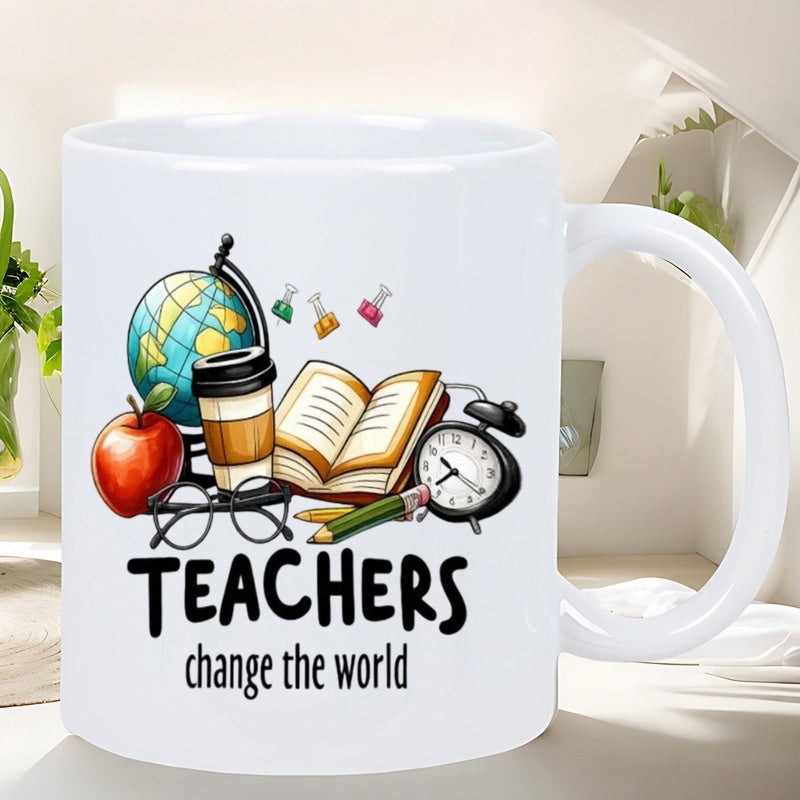 Tailorly White Ceramic 11 oz Mug - Teachers Change The World Educational Elements Featuring Globe Open Book And Vintage Clock Illustration