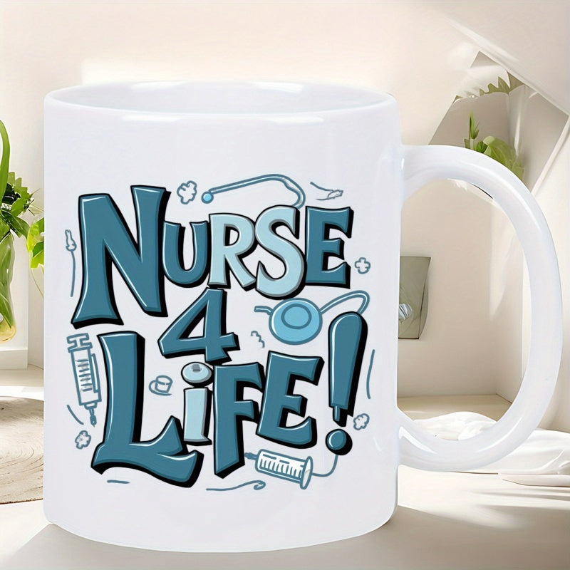 Tailorly White Ceramic 11 oz Mug - Nurse 4 Life Stethoscopes And Syringes Surrounding Stylized Bold Blue Decorative Medical Themed Nurse