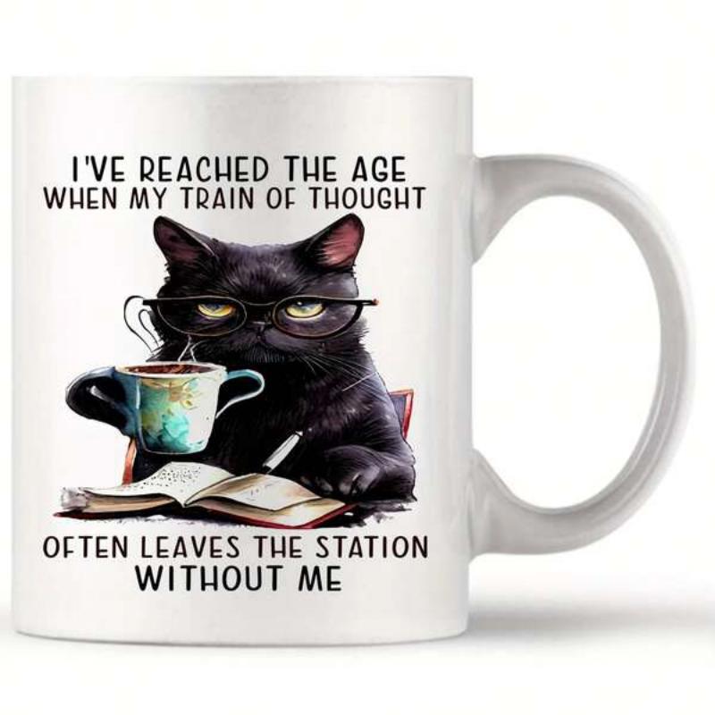 Tailorly White Ceramic 11 oz Mug - Ive Reached The Age When My Train Of Thought Often Leaves The Station Without Me Studious Black Feline Wearing Glasses Reading