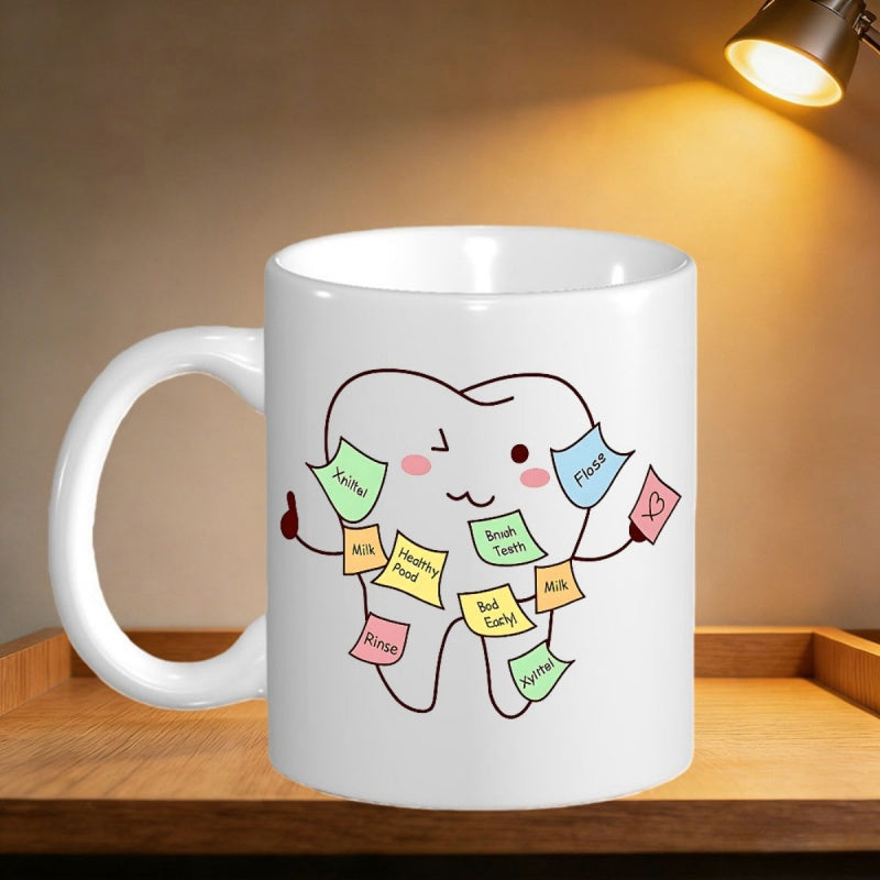 Tailorly White Ceramic 11 oz Mug - Floss Brush Teeth Healthy Food Rinse Bed Early Water Doctor Smile Cute Winking Cartoon Character Covered In Colorful Sticky Note