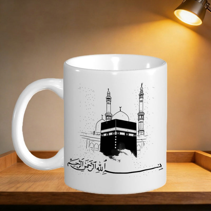 Tailorly White Ceramic 11 oz Mug - Detailed Black And White Illustration Of Sacred Architecture Among Tall Minarets Kaaba
