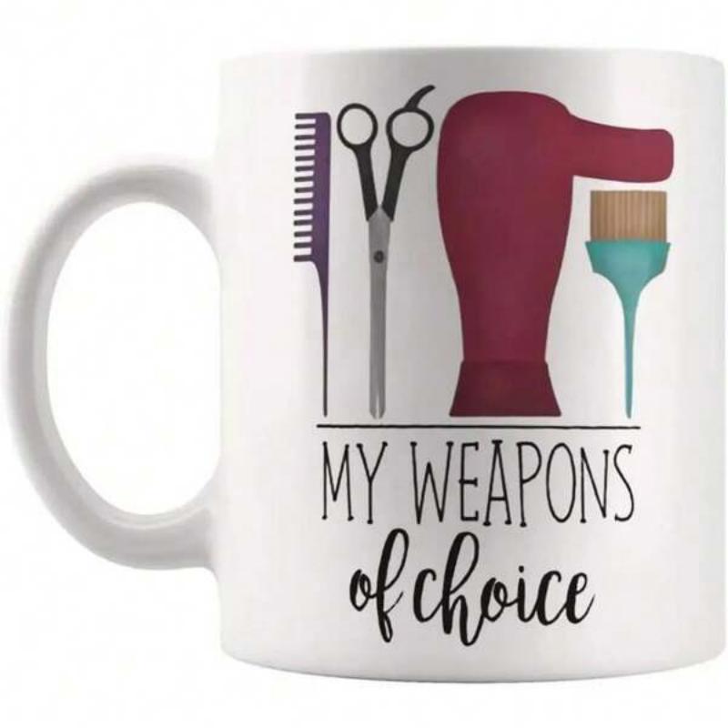 Tailorly White Ceramic 11 oz Mug - My Weapons Of Choice Featuring Professional Styling Equipment With Scissors And Hairdryer Tools